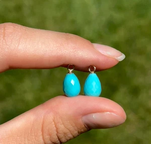 14K Yellow Gold Genuine Faceted Teardrop Turquoise Briolette Earring Charms PAIR - Picture 1 of 5