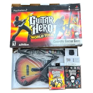 PS2 Guitar Hero World Tour Guitar Bundle Caja CIB Juego Dongle Pegatinas Correa - Imagen 1 de 17