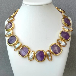 Collar cuadrado de agua dulce blanco de perlas Biwa amatista pavé chapado en oro de 24 quilates 19" - Imagen 1 de 8