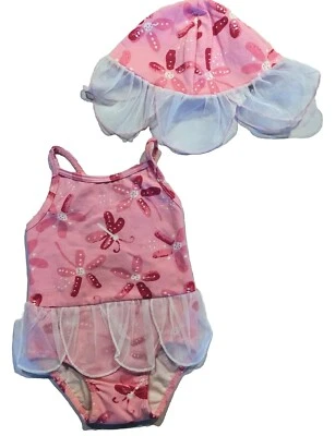 NWT Sweet Potatoes Baby Girl Pink One-Piece Tutu Swimsuit & Sun Hat, 24 mos - Imagem 1 de 4