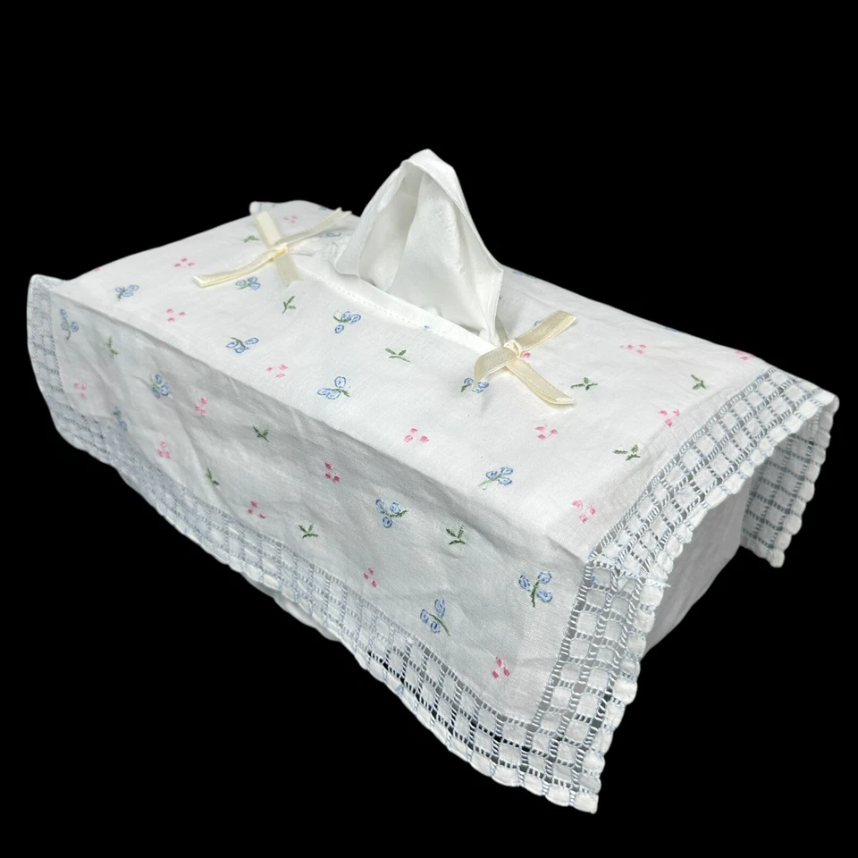 Baby Nursery Tissue Box Cover Unisex Embroidered Fabric White Rectangular - Image 1 of 4