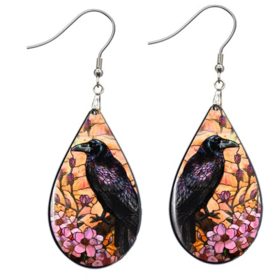 Raven Earrings NO TARNISHING Black Bird Crow Floral Faux Stained Glass Teardrop - Image 1 of 4
