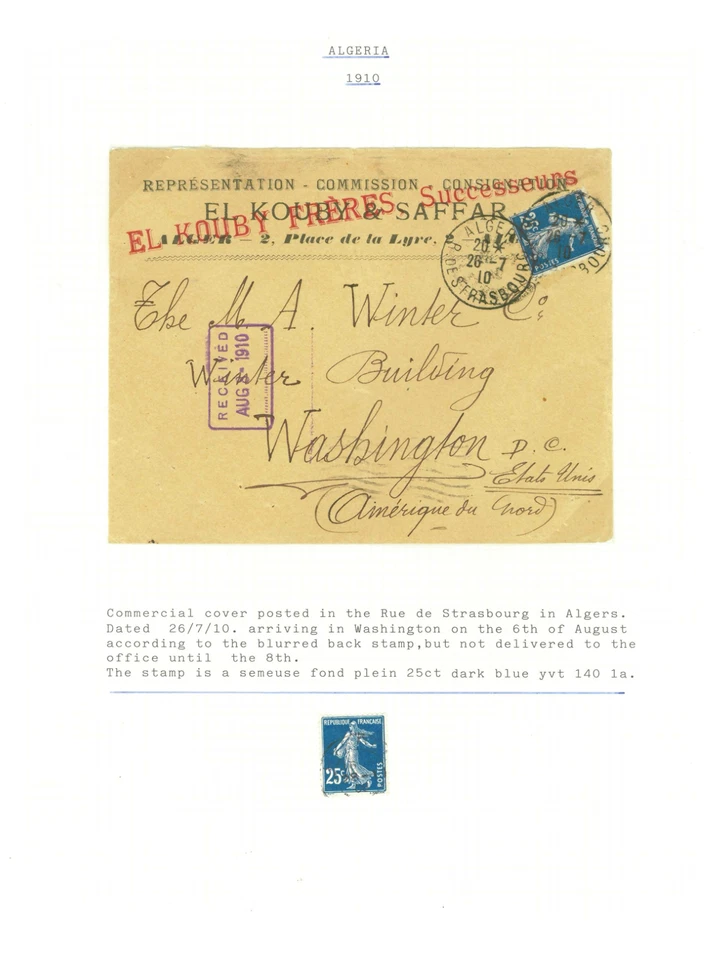 ALGERIA-COVERS-posted in the Rue de Strasbourg in Algiers dated 96 July 1910  - Image 1 of 1