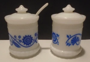 White Milk Glass Condiment Jelly Jars Blue Sweet Pea Pattern Set of 2 - Picture 1 of 9
