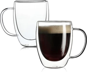 2 Pack Double Walled Glass Coffee Mugs with Handles, Large Insulated Layer Coffe - Picture 1 of 12