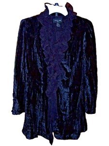 FOCUS 2000 Sz 6 Petite CRUSHED VELVET W RUFFLES @ FRONT LINED BLACK JACKET EUC - Picture 1 of 6