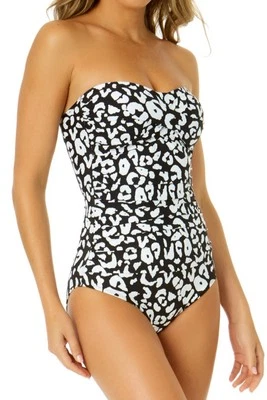 Anne Cole 动物印花扭转连体泳衣 - 白色/黑色 14,全新无标签 — 第 1/4 张图片