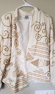 Chaqueta vintage de seda para mujer talla L diseño de cuentas grandes beige crema forrada boho Foto 1 de 3