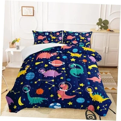  Cartoon Kids Comforter Set for Boys Girls Size Black Dino Full Space Dinosaur - Image 1 of 4