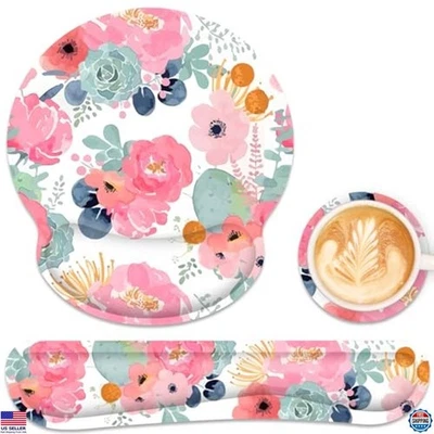 Ergonomic Mouse Pad Set with Wrist Rest & Keyboard Support, Pink Flower Design - Image 1 of 4