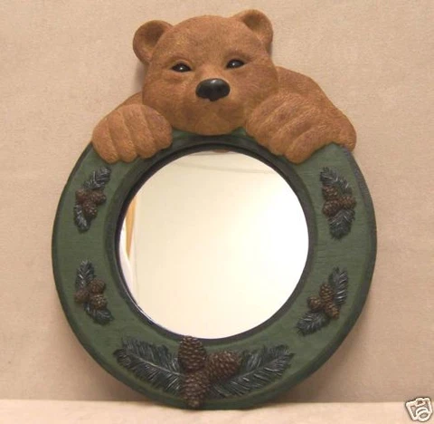 Mirror With Bear Peeking Over Top Green Brown Tan with Pine Details 12" X 10" Cover