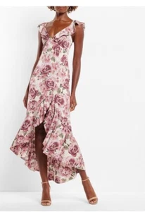 Neu EXPRESS Blumenmuster Rüsche Hi Lo Maxikleid rosa grün Sommer Größe 12 - Bild 1 von 15