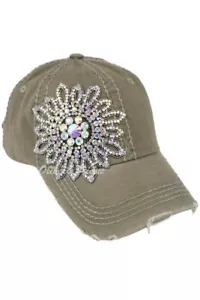 Nuevo con etiquetas Sombrero de béisbol Bling Estrás Flor Envejecida Oliva Verde de Olive & Piqué - Imagen 1 de 1