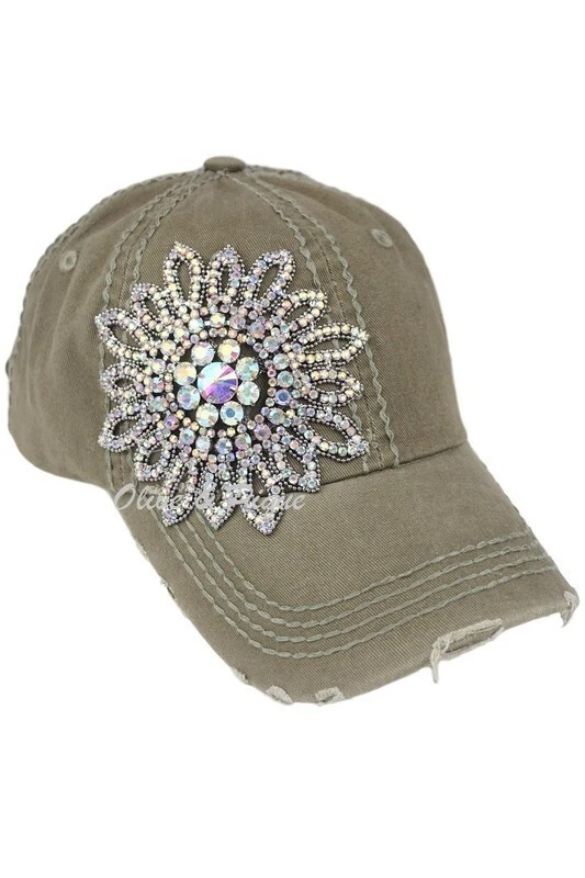NWT Bling Rhinestone Flower Distressed Olive Green Baseball Hat by Olive & Pique - Image 1 of 1