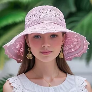 Pink Fashion Women Hollow Sun Hat Washable Breathable Large Brimmed Beach Hat - Picture 1 of 3
