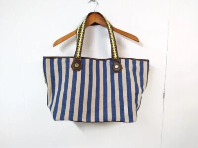 Cartera de hombro Big Buddha cartera azul blanco rayas bolsillos parte inferior marrón Foto 1 de 4