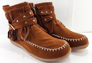 Rosy women's fringe ankle boots Size 10 M Brown faux leather zip side NEW - Picture 1 of 8