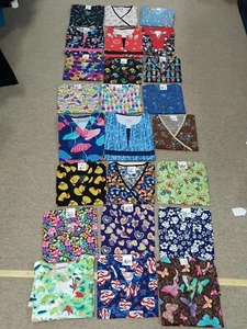New Women's Small Patterned Scrub Tops Allheart Cotton Blend 2 Pocket - Choice - Picture 1 of 34