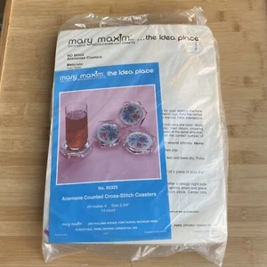 MARY MAXIM Counted Cross Stitch Needlework Coasters ANEMONE No. 80325 Set of 4 - Picture 1 of 6