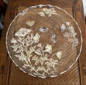 Flanders Poppy Sterling Silver Overlay Crystal Glass Footed Serving Plate - Picture 1 of 7