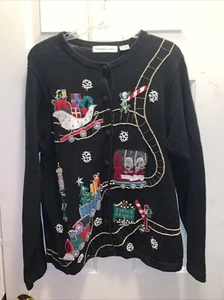 Vintage Victoria Jones Weihnachten Santas Zug Strickjacke schwarz Pullover Größe Large - Bild 1 von 6