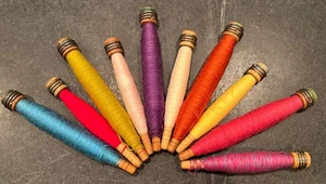 Antique Wooden  Thread Yarn Spools Spindle Vintage Lot of 10 - Picture 1 of 11