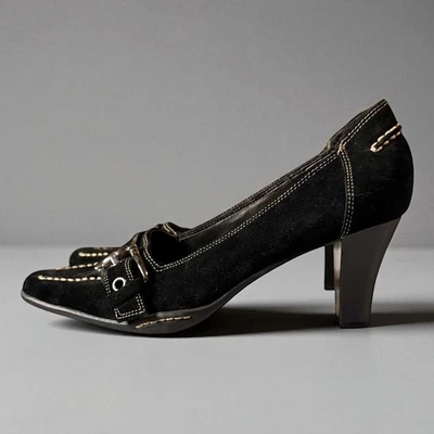 Zapatos de tacón alto de gamuza con aerosoles para mujer negros crema puntada acolchados talla 8M Foto 1 de 4