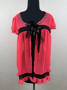 Victorias Secret Robe Womens Small Hot Pink Sheer Mesh Front Tie Lace Coquette - Picture 1 of 10