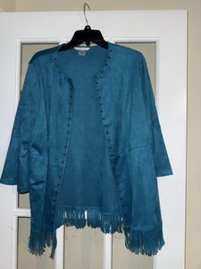 Allison Daley Teal Blue FRINGE Studded Open Front Jacket Faux Suede size 14 - Picture 1 of 4