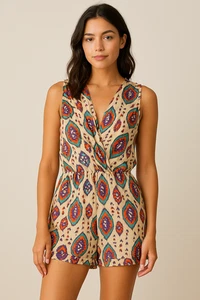 Rory Beca Romper Aztec Ikat Boho Festival Multicolor Boho V Neck 100% Silk Sz S - Picture 1 of 7