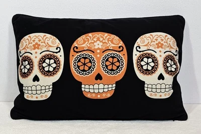 Halloween Velvet Throw Pillow Day of the Dead Black Orange White 22 X 14 Skulls - Image 1 of 4