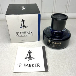 PARKER PENMAN SAPPHIRE BLUE INK, NEW BOTTLE 50ml BOXED PAPERS DISCONTINUED RARE - Picture 1 of 6