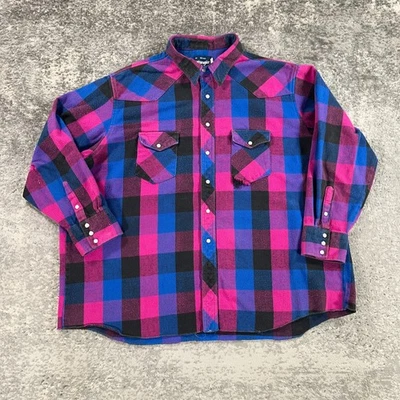 VTG Wrangler Western Shirt Mens Big 3X Pink Purple Plaid Pearl Snap Flannel 90s - Image 1 of 4