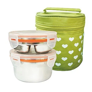 Stainless Steel 2 Food Container Circle Bento Lunch Box BPA free Insulated Bag - Picture 1 of 4