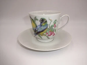Vintage 1970s Enesco Spring Floral Tea Cup & Saucer Set Coffee Birds 1976 Japan - Picture 1 of 10