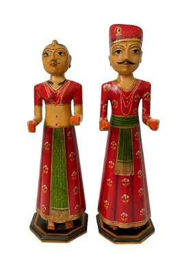 Hand Carved Hard Wood Man Woman Gangaur Figurines Pair Very Fine Painted - Image 1 of 4