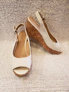 Maurices Cream Lace Sz9 Slingback Cork Wedge Open Toe Platform Sandals Women EXC - Picture 1 of 9