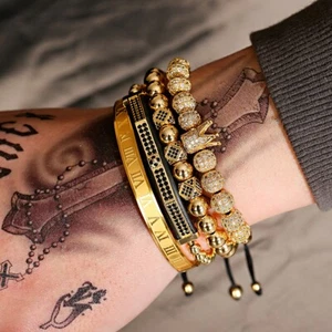 4Pcs/set Luxury Gold Cz King Crown Mens Bracelet Jewelry Gift Set for Boyfriends - Picture 1 of 23