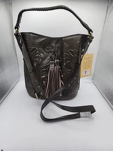 Patricia Nash Burnished Tooled Torresina Bucket Crossbody Leather Purse MOSS - Picture 1 of 12