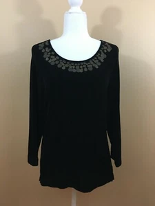 Chico's Travelers Black 3/4 Sleeve Embellished Neckline Slinky Knit Top Sz 1 Med - Picture 1 of 7