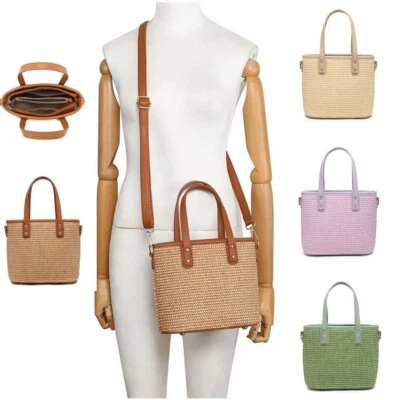 Boutique Woven Pattern Straw Woman Lady Plain Small Tote Shoulder handbag - Image 1 of 4