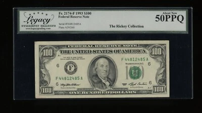 DBR 1993 $100 FRN Atlanta Fr. 2174-F Legacy AU-50 PPQ Serial F44812485A - Image 1 of 2