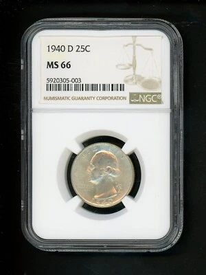 1940-D US Washington Quarter 25c .25 NGC MS66 Gem UNC Original Surface Spot Free - Image 1 of 4