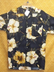 Hawaiian SHIRT Aloha BLACK Floral Hibiscus MEDIUM Caribbean Blues Camp NWT - Picture 1 of 3