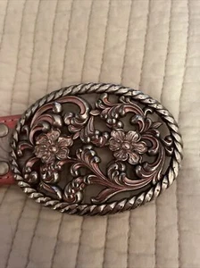 Damen Vintage Leder gefütterter geschnitzter Gürtel mit Schnalle rosa und silber - Bild 1 von 9