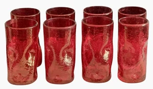 8 Vintage Cranberry Ruby Red 5.75" Crackle Dimple Tumbler Drinking Glasses - Picture 1 of 16