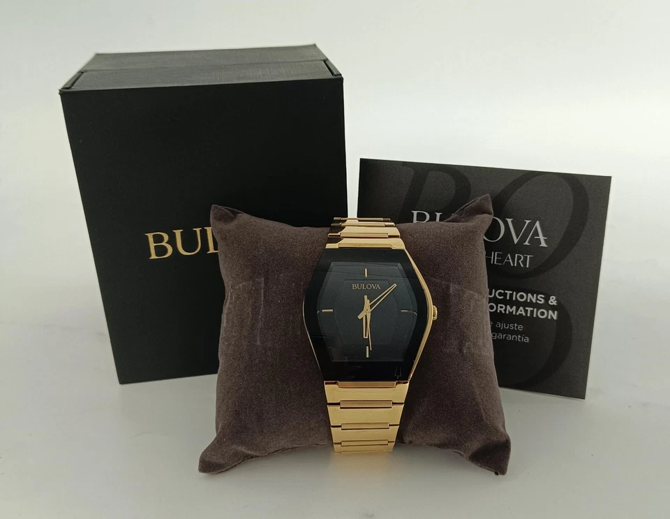 Bulova Mens Watch 97A164 Futuro Quartz Black Dial Gold Tone Stainless Steel 40mm