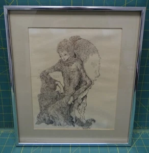 Original Illusion Line Drawing of a Sad Angel Signed WINSLOW in Frame with Matte - Picture 1 of 6