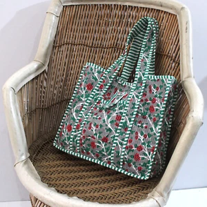 Indian Quilted Women Tote Handbag Indian Cotton Shopping Carry Bag Block Printed - Picture 1 of 8