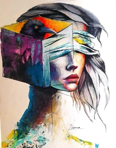 ORIGINAL ACRYLIC SURREAL ART CONCEPTUAL woman PORTRAIT MODERN PAINTING - Picture 1 of 3
